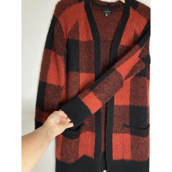 Lucky Brand Womens XS Wool Red Black Buffalo Plaid Long Sweater Cardigan Pockets - Picture 4 of 6